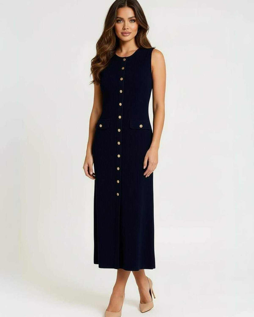 Monaco Midi Dress - Women's navy midi dress by Lauven featuring gold button front and sleeveless design.