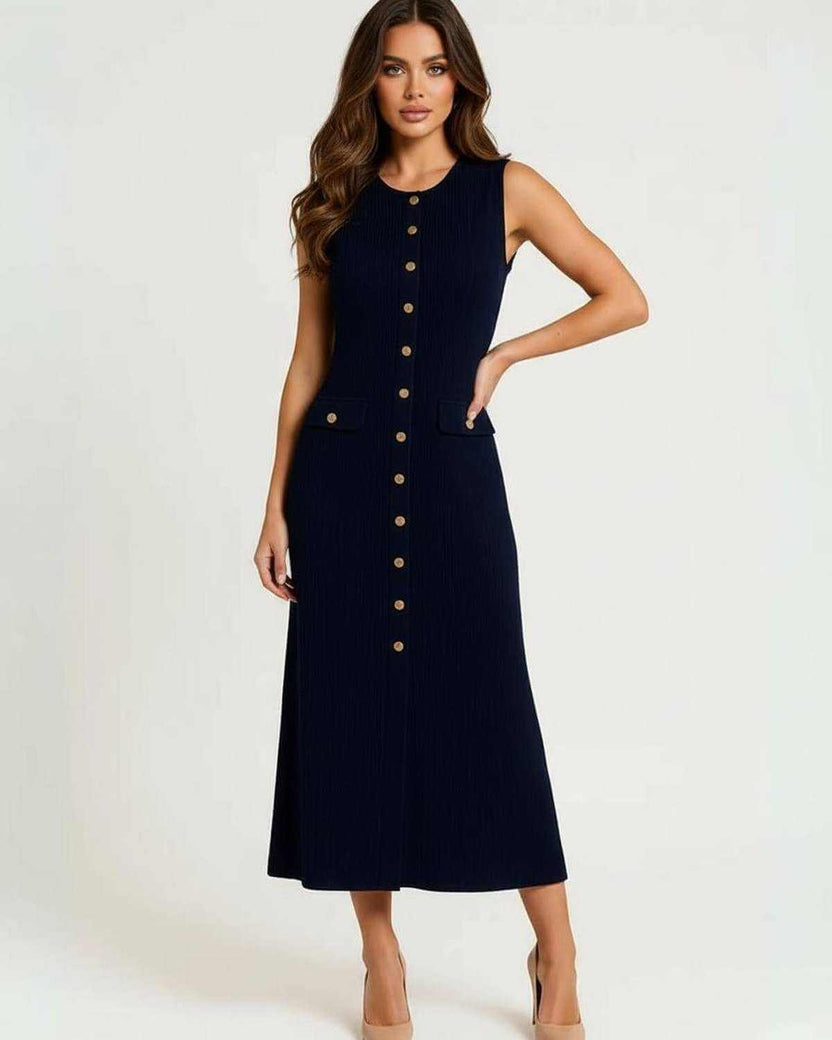 Monaco Midi Dress by Lauven - Navy midi dress with gold button front and sleeveless design.