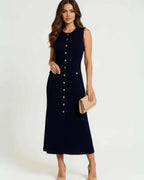 Monaco Midi Dress by Lauven, women’s navy dress with gold button front, refined sleeveless design.