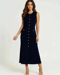 Monaco Midi Dress by Lauven, women's navy dress with gold button front, sleeveless elegant style.