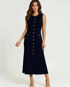 Monaco Midi Dress by Lauven, women's navy dress with gold button front, sleeveless elegant style.