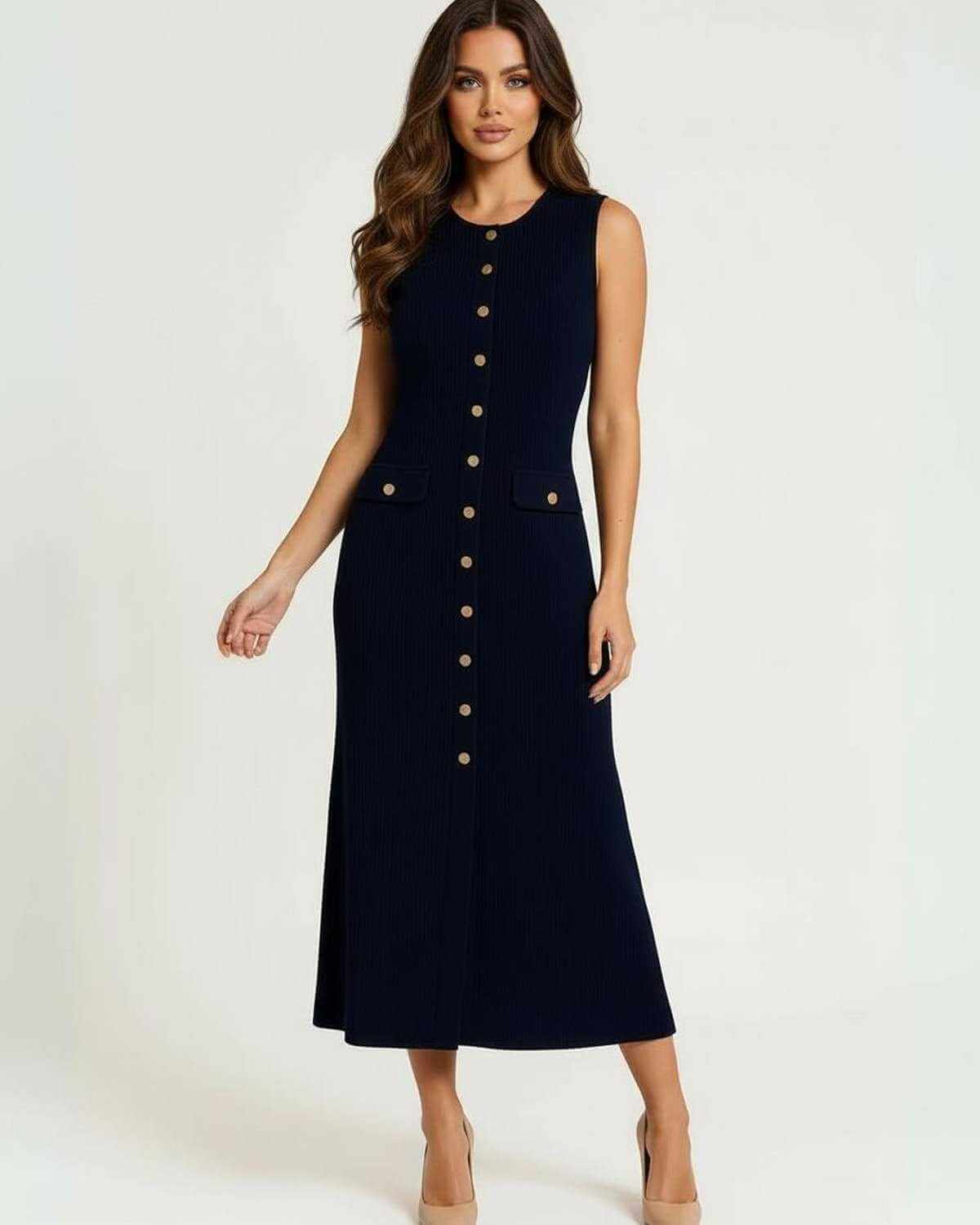 Monaco Midi Dress by Lauven, women's navy dress with gold button front, sleeveless elegant style.