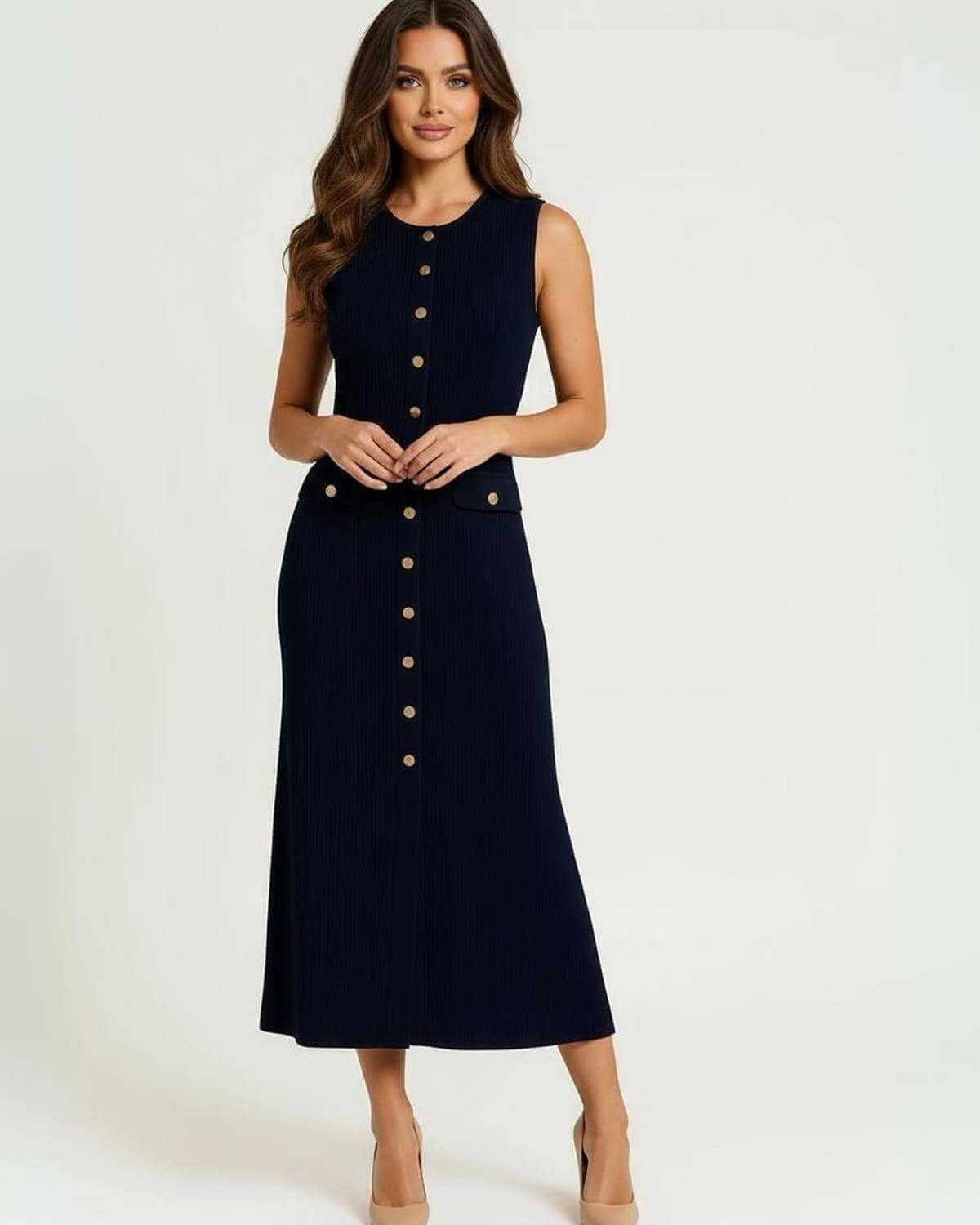 Monaco Midi Dress by Lauven - Women’s Navy Midi Dress with Gold Button Front, perfect for everyday sophistication.