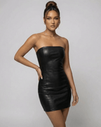 Monaco Mini Dress by Lauven, strapless black PU pencil silhouette, tailored look for warm-weather styling.