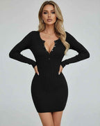 Monaco Mini Dress by Lauven - Black Ribbed Long Sleeve Bodycon Mini Dress with Button Front