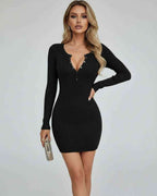 Monaco Mini Dress by Lauven, black ribbed long sleeve bodycon mini dress with button front detail.