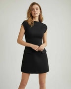 Monaco Mini Dress by Lauven – Women’s black mini dress with structured A-line silhouette and cap sleeves.