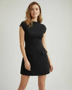 Monaco Mini Dress by Lauven, women’s black mini dress featuring structured A-line silhouette and pocket detail.