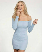 Lauven Monaco Mini Dress in light blue featuring off the shoulder design and ribbed knit bodycon silhouette.