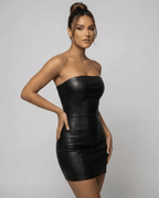 Monaco Mini Dress by Lauven - Strapless black PU pencil silhouette showcasing a sleek and modern look.