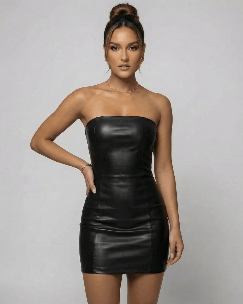 Monaco Mini Dress by Lauven, strapless black PU pencil silhouette for a modern, sleek look.