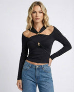 Monaco Pullover by Lauven – women's black halter neck long sleeve pullover with cold shoulder detail.