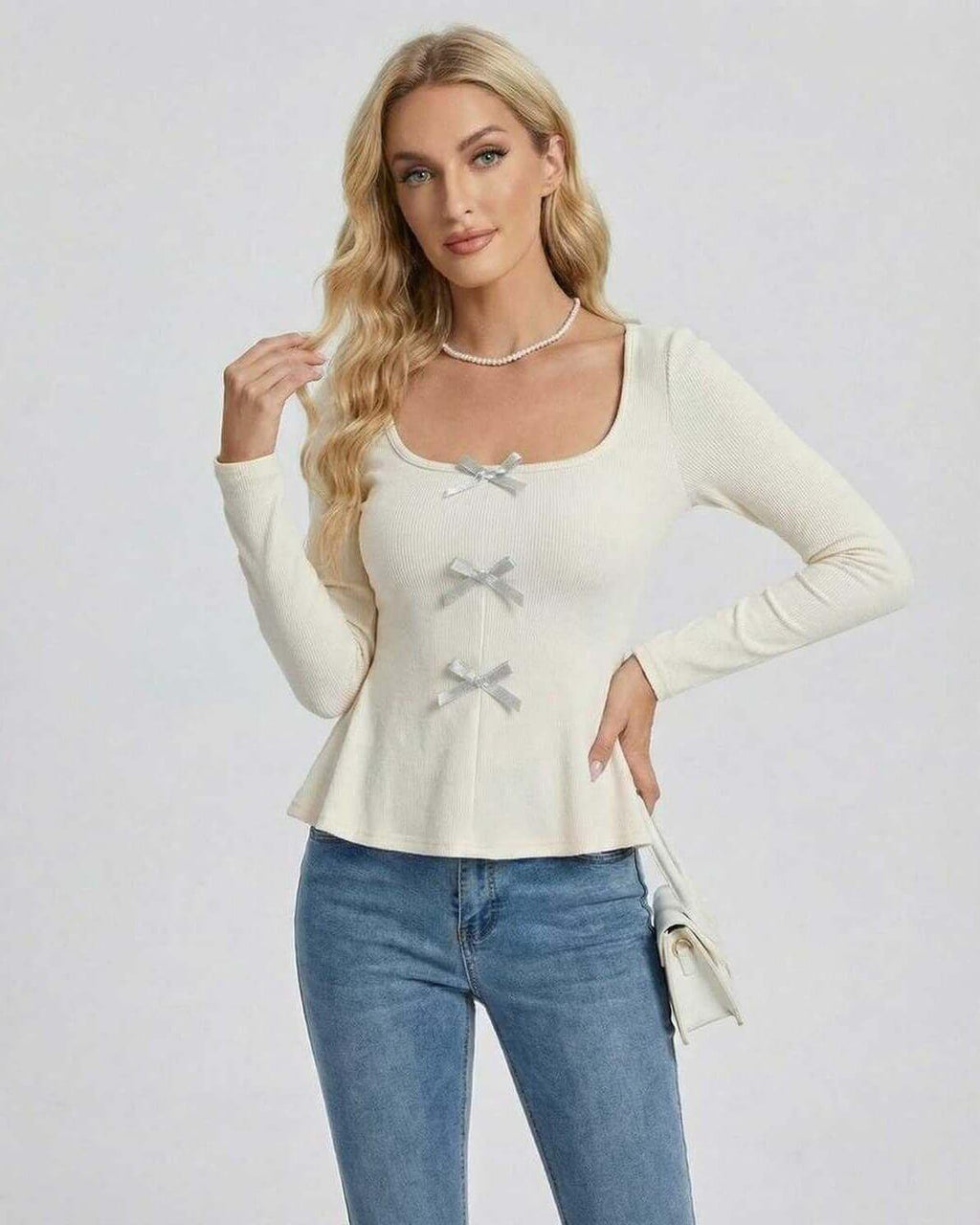 Monaco Pullover by Lauven – Women’s Long Sleeve Sweater with Square Neck and Bow Detail, ideal for modern styling.
