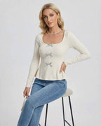 Monaco Pullover by Lauven – Women's long sleeve pullover sweater with square neck and bow detail.