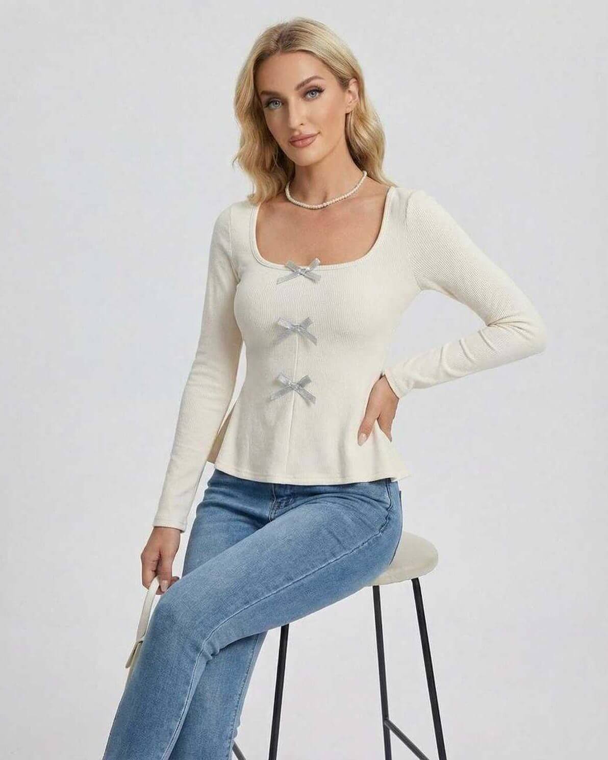 Monaco Pullover by Lauven – Women's long sleeve pullover sweater with square neck and bow detail.