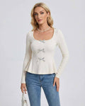 Monaco Pullover by Lauven – Women's long sleeve pullover sweater with square neck and bow detail, perfect for casual or refined style.