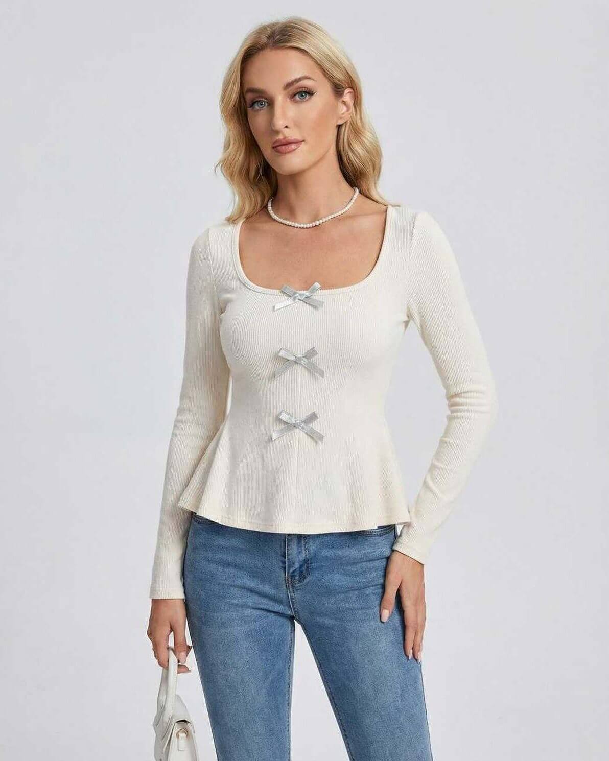 Monaco Pullover by Lauven – Women's long sleeve pullover sweater with square neck and bow detail, perfect for casual or refined style.