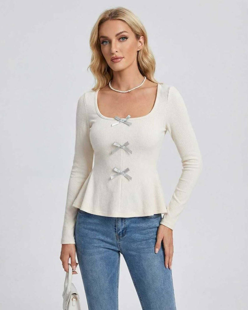 Monaco Pullover by Lauven – Women's long sleeve pullover sweater with square neck and bow detail, perfect for casual or refined style.