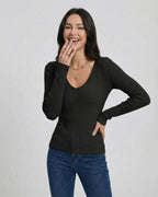 Monaco Pullover by Lauven, women’s V-neck pullover sweater in black with slim fit and long sleeves.