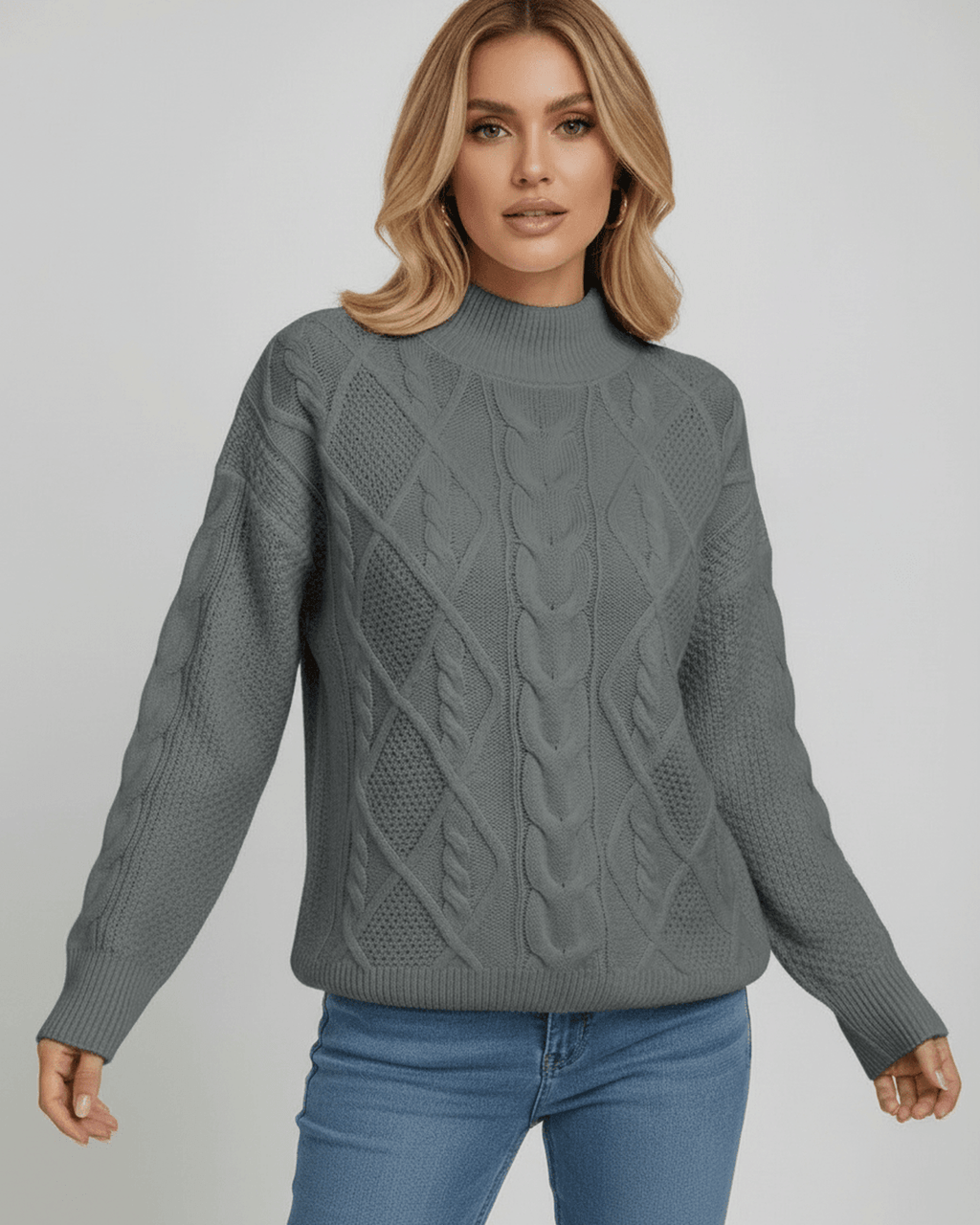 Monaco Sweater by Lauven – Women’s Oversized Cable Knit Sweater in versatile gray for elevated fall winter style.