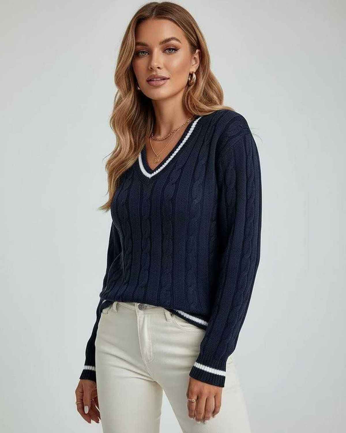 Monaco Sweater by Lauven – Women's V-Neck Cable Knit Sweater in deep navy with striped trim.
