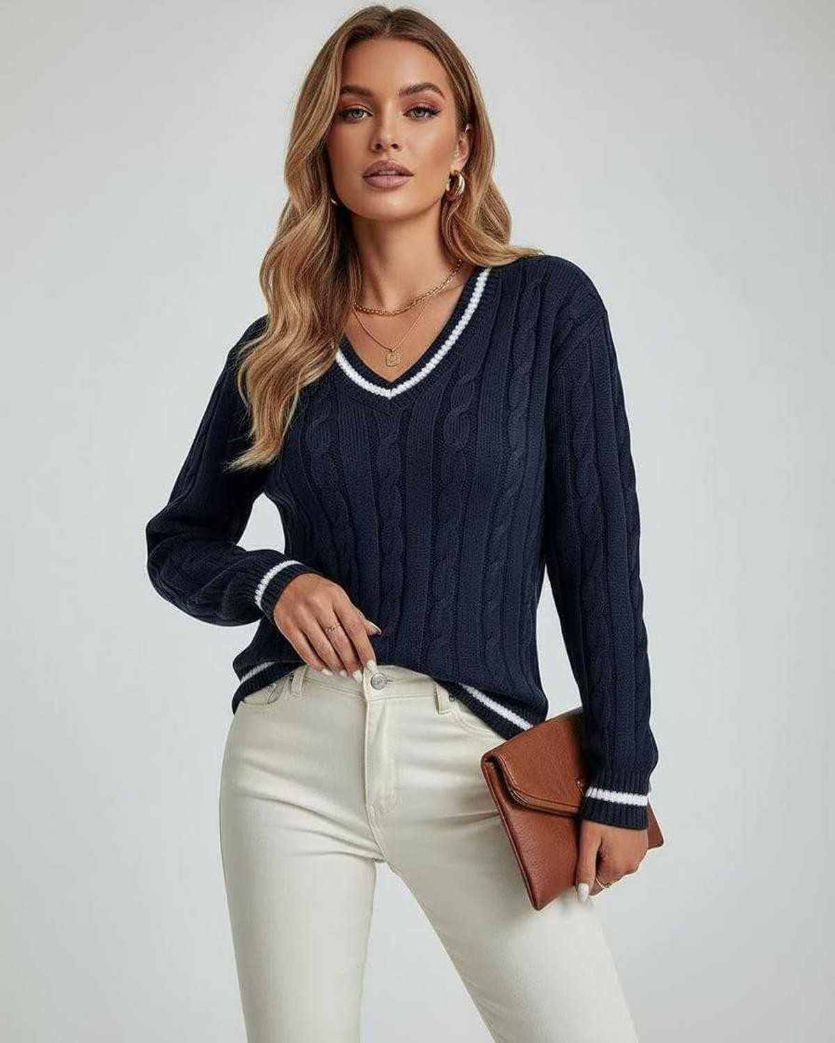 Monaco Sweater by Lauven – Women’s V-Neck Cable Knit Sweater in deep navy with striped trim.