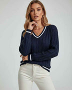 Monaco Sweater - Lauven Women's V-Neck Cable Knit Sweater in deep navy with contrast striped trim.