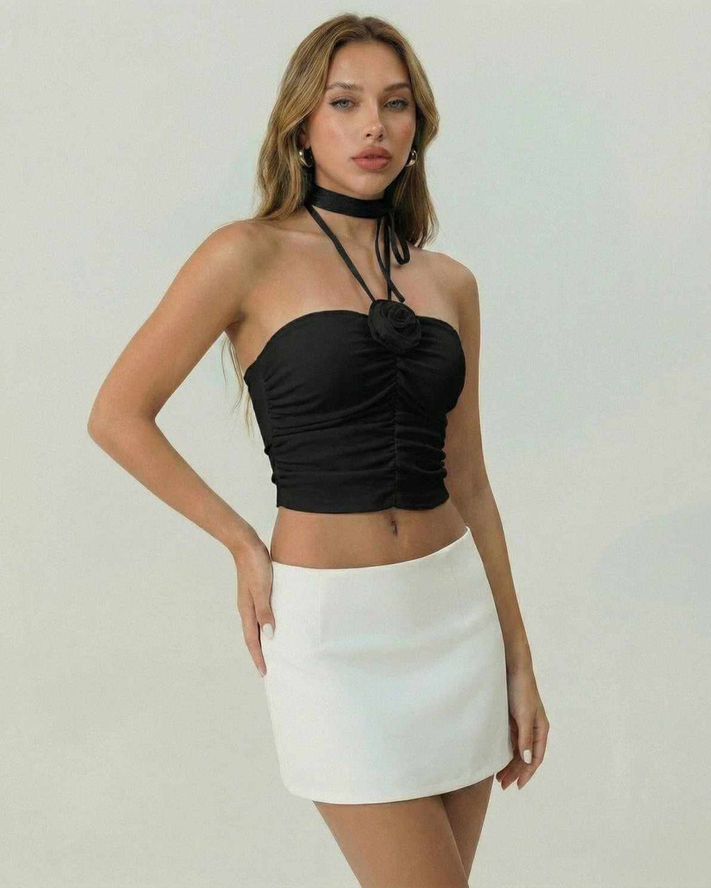 Monaco Top by Lauven, black strapless tank top with ruched detail and halter tie, perfect for modern women's fashion.