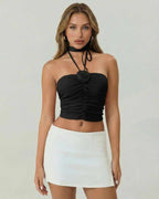 Monaco Top by Lauven - Black strapless tank top with ruched detail and halter tie, stylish women's fashion.