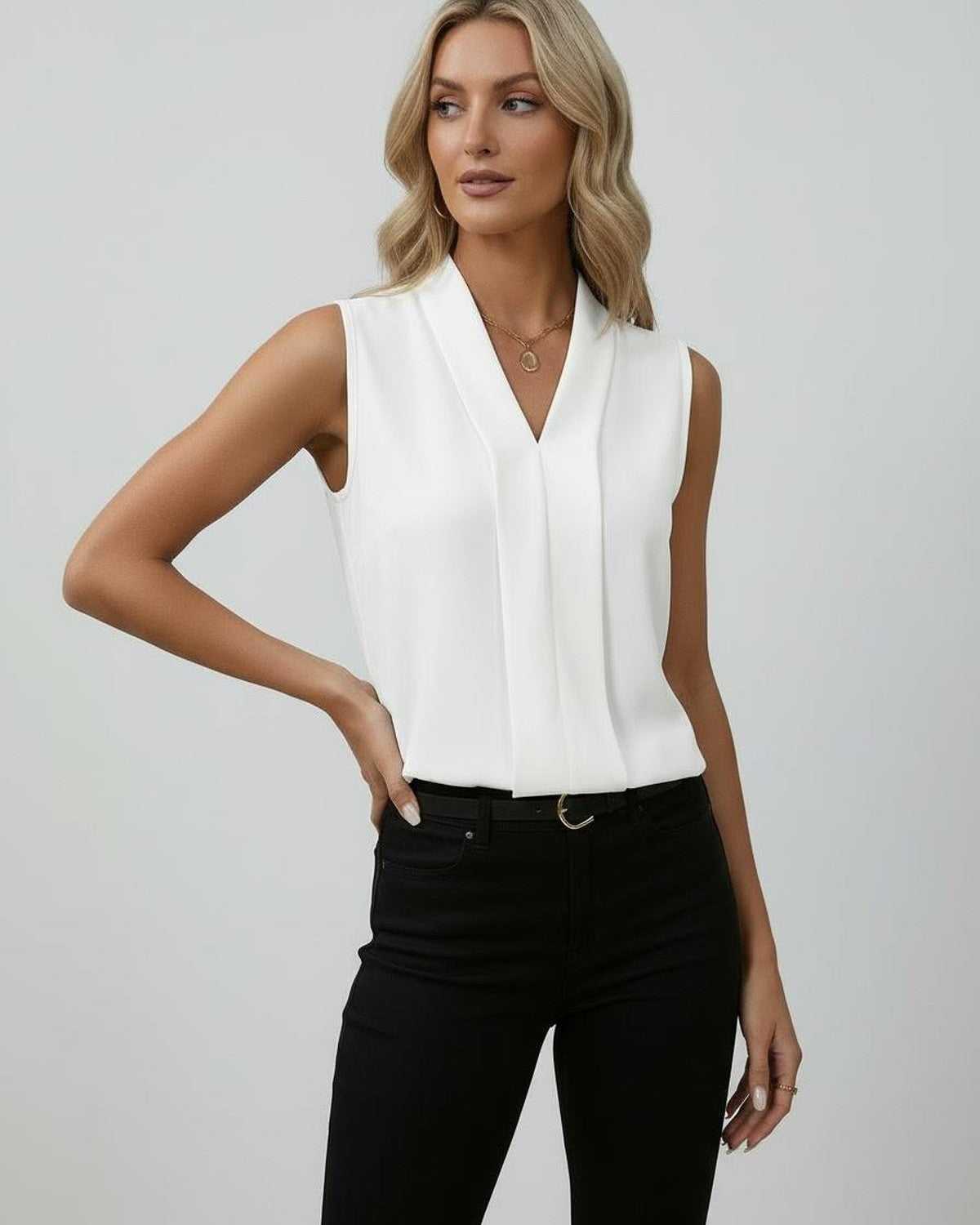 Monaco Top - Elegant sleeveless V-neck white top by Lauven, perfect for modern sophistication and versatile styling.