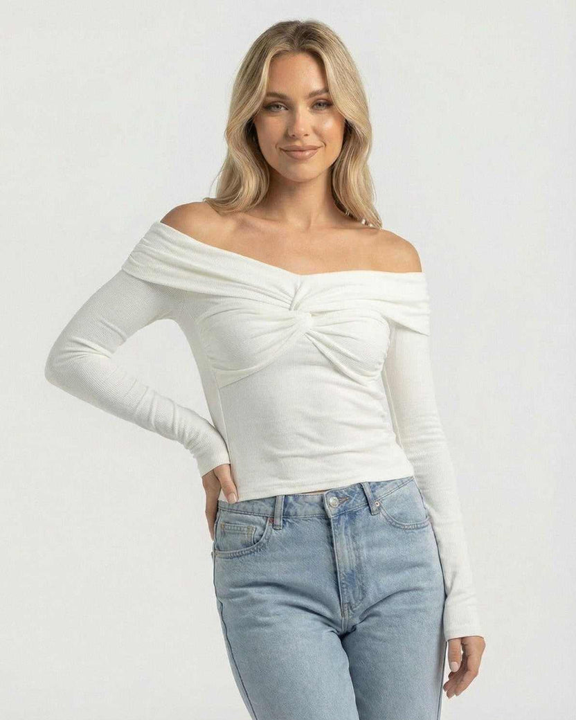 Monaco Top by Lauven – Women’s off the shoulder long sleeve top in soft ribbed stretch knit.