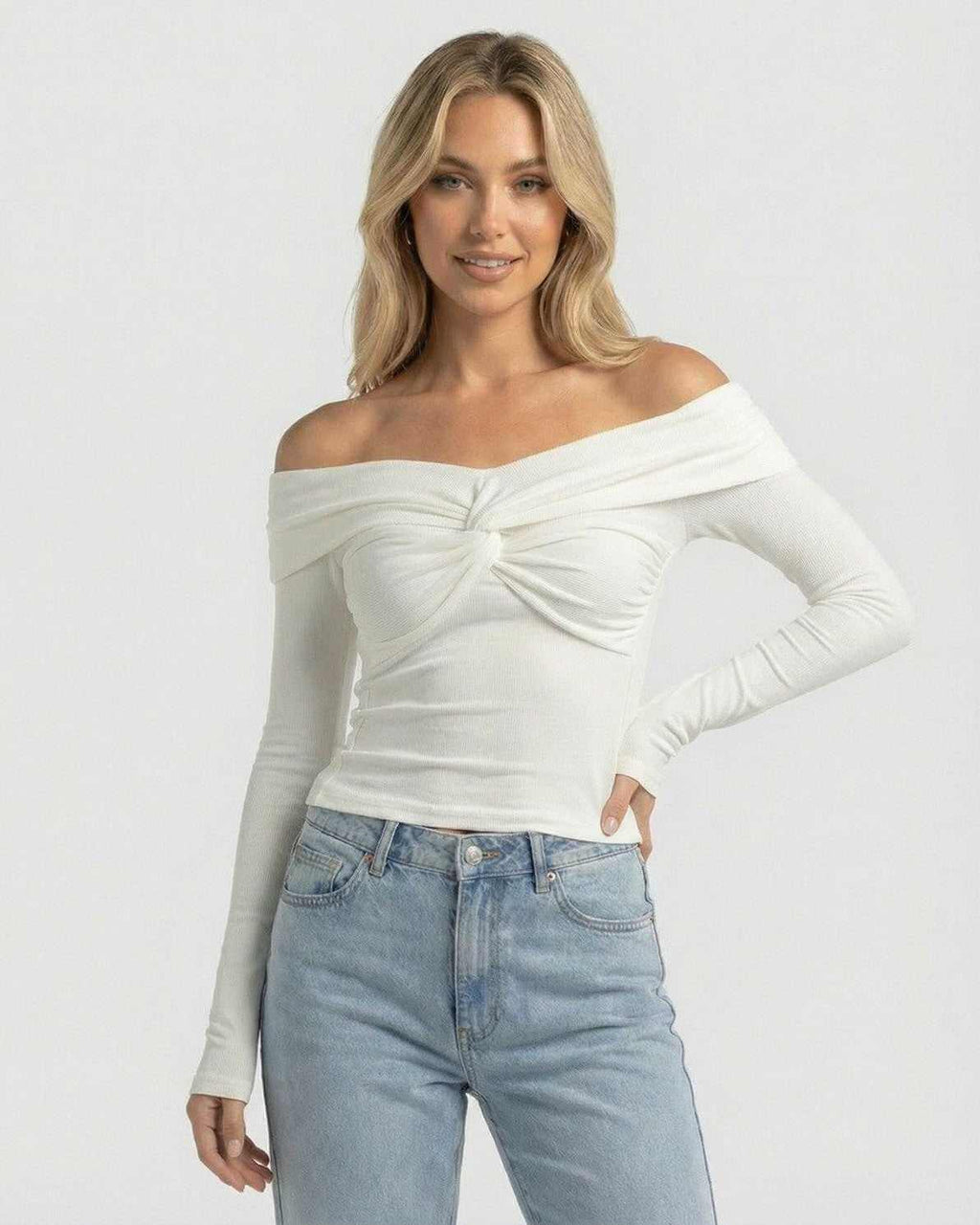 Monaco Top - Lauven Women's Off The Shoulder Long Sleeve Top in White Ribbed Stretch Knit
