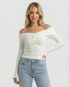 Monaco Top - Lauven Women's Off The Shoulder Long Sleeve Top in White Ribbed Stretch Knit