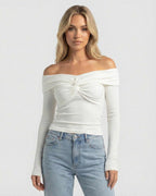 Monaco Top by Lauven, women's off the shoulder long sleeve top in ribbed stretch knit, featuring twist-front design.