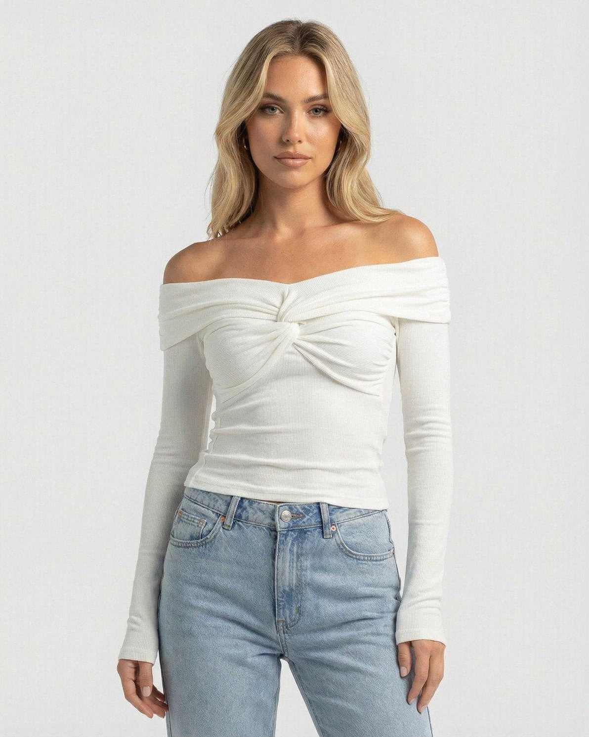 Monaco Top by Lauven, women's off the shoulder long sleeve top in ribbed stretch knit, featuring twist-front design.