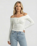 Monaco Top by Lauven – Women’s Off The Shoulder Long Sleeve Top in Ribbed Stretch Knit, featuring twist-front detail.