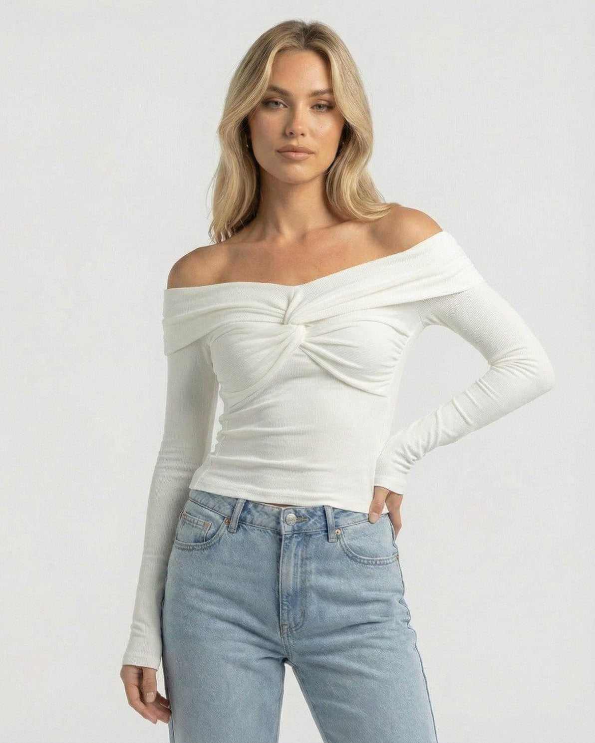 Monaco Top by Lauven – Women’s Off The Shoulder Long Sleeve Top in Ribbed Stretch Knit, featuring twist-front detail.