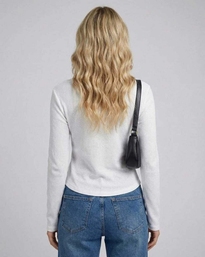 Nara Long Sleeve - Women's long sleeve round neck top by Lauven, featuring a sleek fit and classic style, seen from the back.
