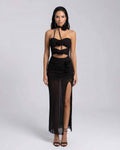 Nerina Maxi Dress by Lauven - Elegant black halter neck maxi dress with high stretch, ankle-length cutout design.