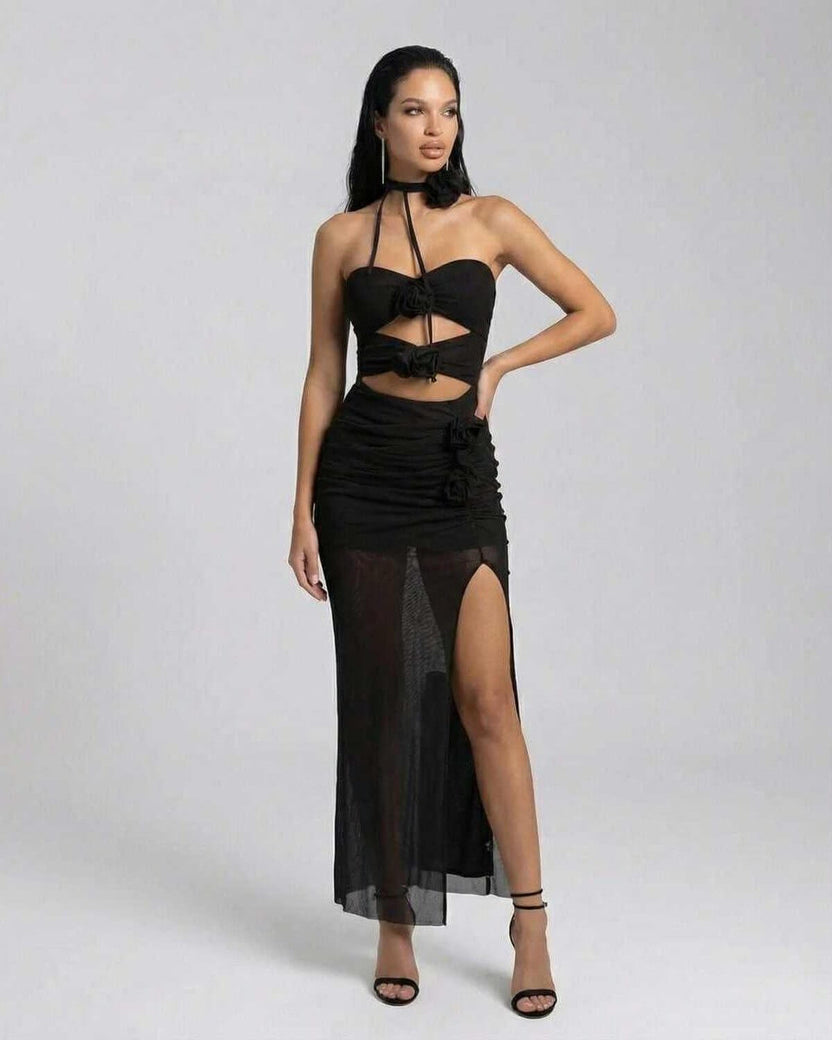 Nerina Maxi Dress by Lauven - Elegant black halter neck knitted dress with high stretch and cutout silhouette.