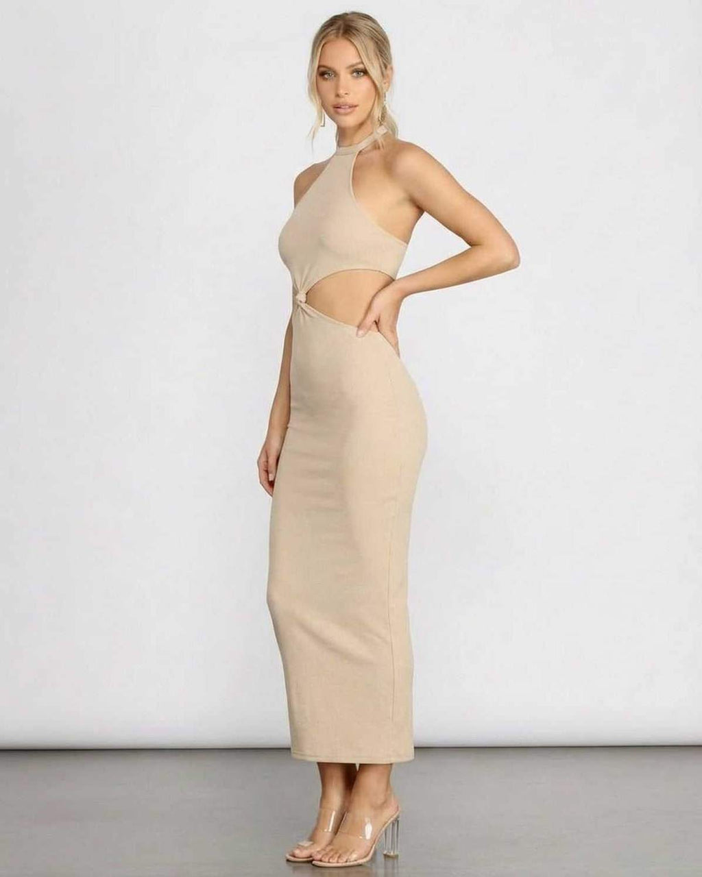 Nina Midi Dress by Lauven showcasing a chic ribbed halter design with trendy cutout details.