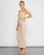 Nina Midi Dress by Lauven showcasing a chic ribbed halter design with trendy cutout details.