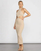 Nina Midi Dress by Lauven showcases a chic ribbed halter design with trendy cutouts for a modern summer look.