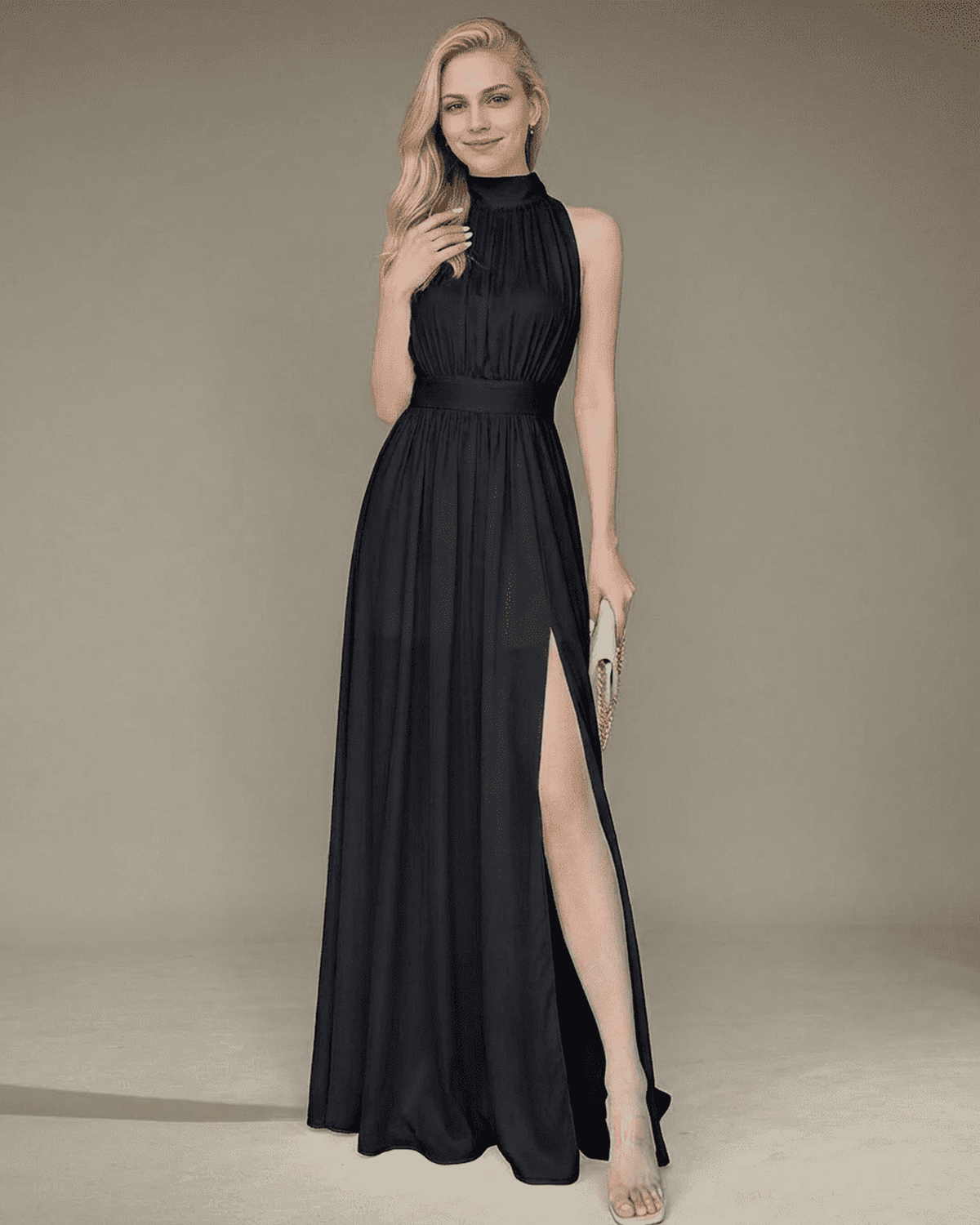 Noctis Maxi Dress by Lauven - Elegant sleeveless turtleneck dress with side slit in sleek black, showcasing modern style.