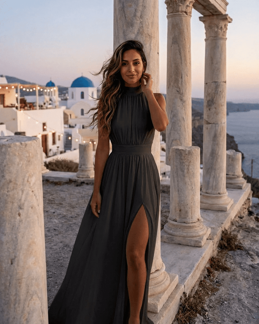 Noctis Maxi Dress by Lauven, sleeveless turtleneck dress with high waist and side slit against scenic background.