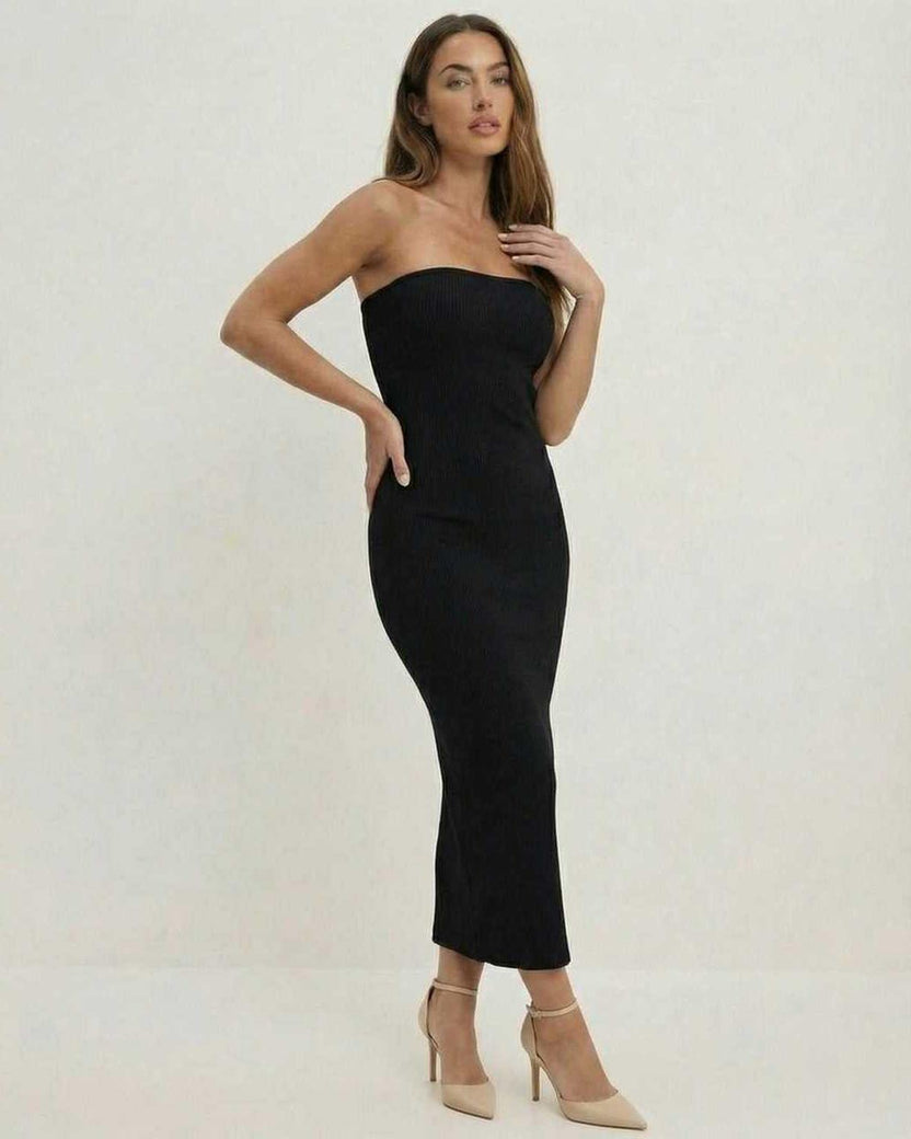 Lauven Noctis Midi Dress in classic black, strapless sheath dress perfect for elegant evenings.