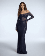 Noctura Maxi Dress by Lauven showcasing a midnight blue sequin mesh evening gown with off-shoulder styling.