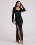 Nocturne Maxi Dress by Lauven featuring a black velvet long sleeve design with a high slit and square neckline.