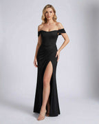 Nocturne Maxi Dress by Lauven featuring an off-shoulder corset design and pleated wrap skirt for elegant evening wear.