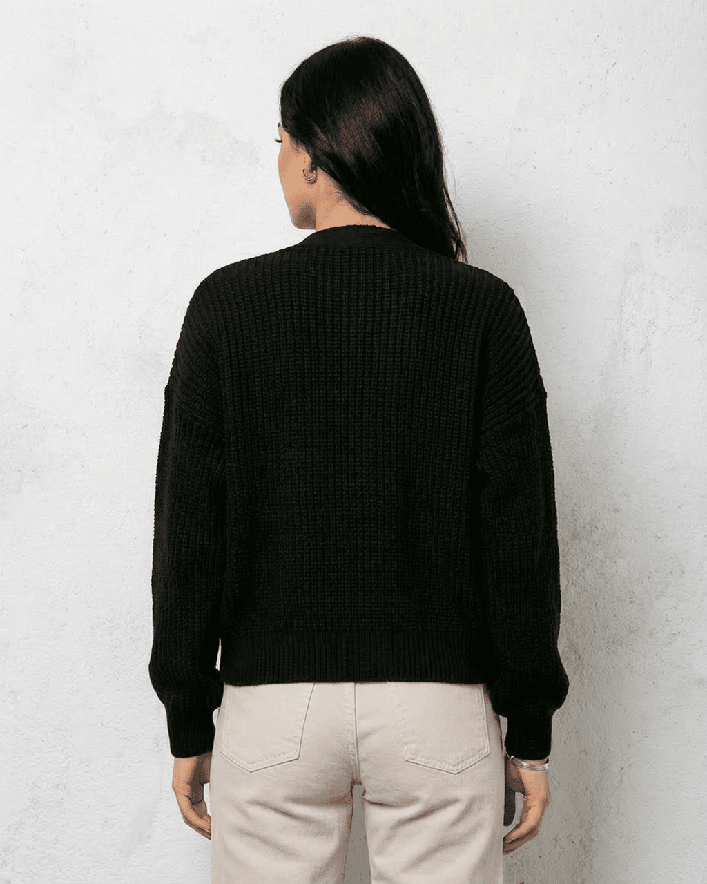 Noir Cardigan by Lauven – Back view of sleek black knitwear with cozy design